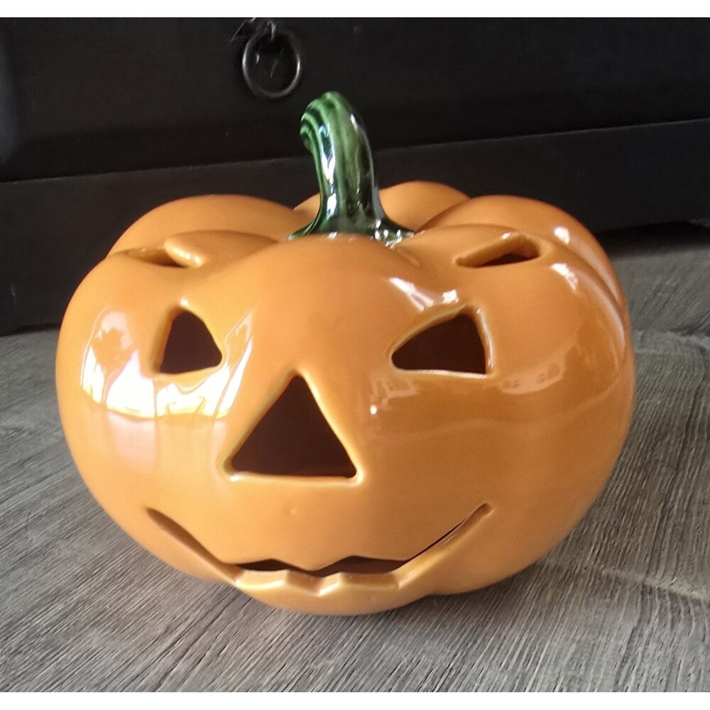 Halloween Jack - O - Lantern Ceramic Rare Squatty Pumpkin Shape Decor
